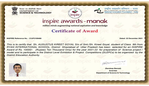 Inspire Award Manak 2021 - Ryan International School Dasna