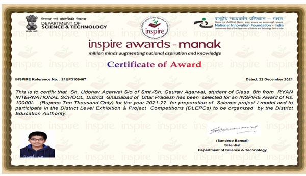 Udbhav Agarwal - Inspire Award Manak - Ryan International School Dasna