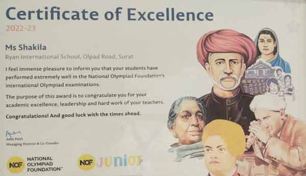 Excellence Certificate by National Olympiad Foundation 2022--23
