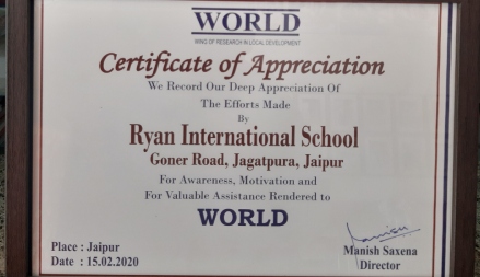 Certificate of Appreciation - Ryan International School, Jagatpura