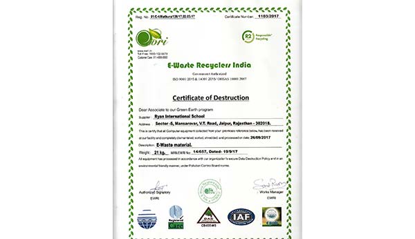 Appreciation certificate for E-waste Material - Ryan International School, Jaipur