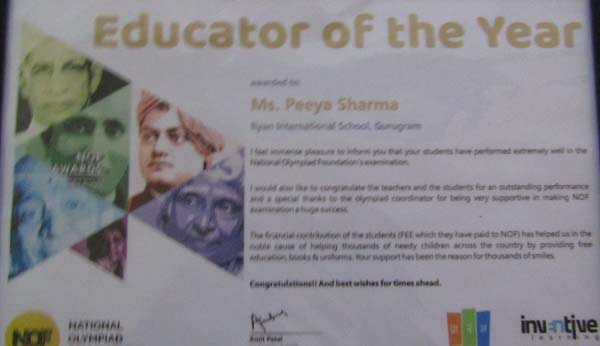 Educator of the Year Award - Ryan International School, Bhondsi, Gurgaon