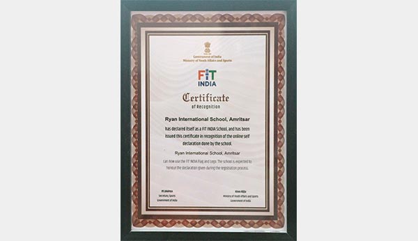 Fit India Certificate of Recognition - Ryan International School, Amritsar
