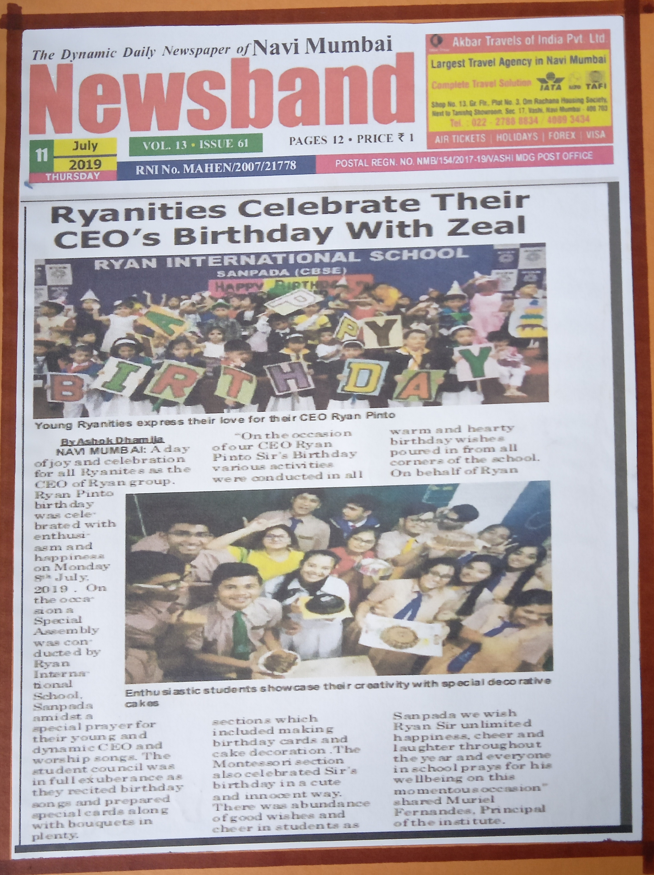 Ryan sir’s birthday celebrations was featured in Newsband - Ryan International School, Sanpada