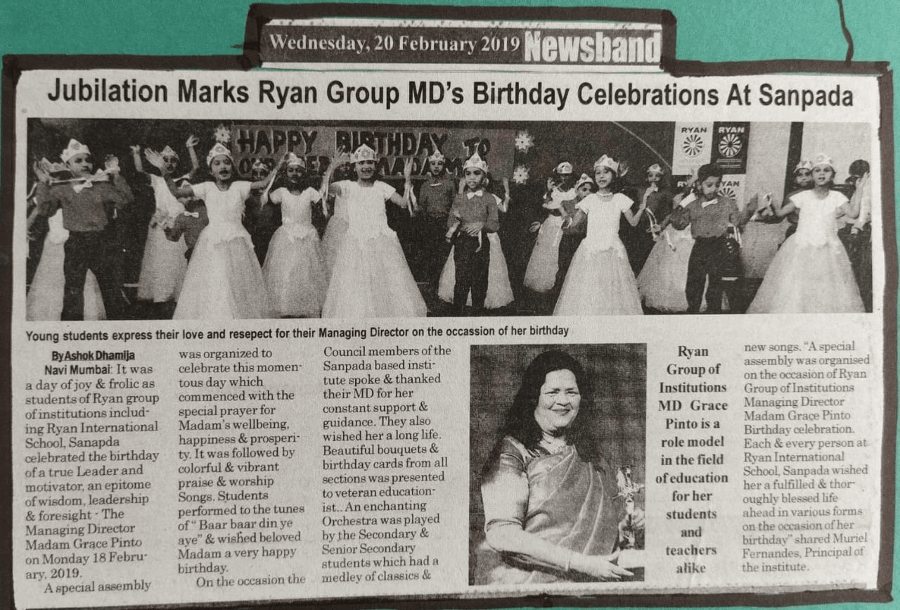 Madam Grace Pinto’s Birthday celebrations was featured in Newsband - Ryan International School, Sanpada