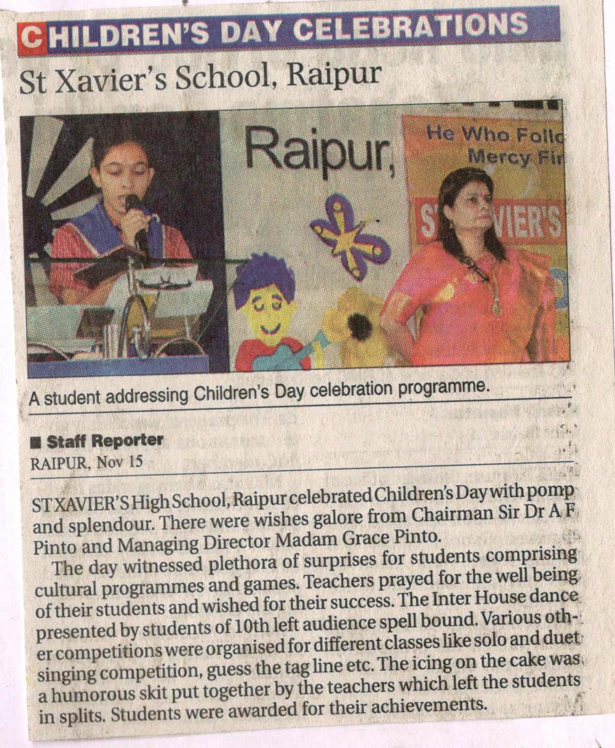 St. Xavier's High School, Raipur Celebrates Children's Day