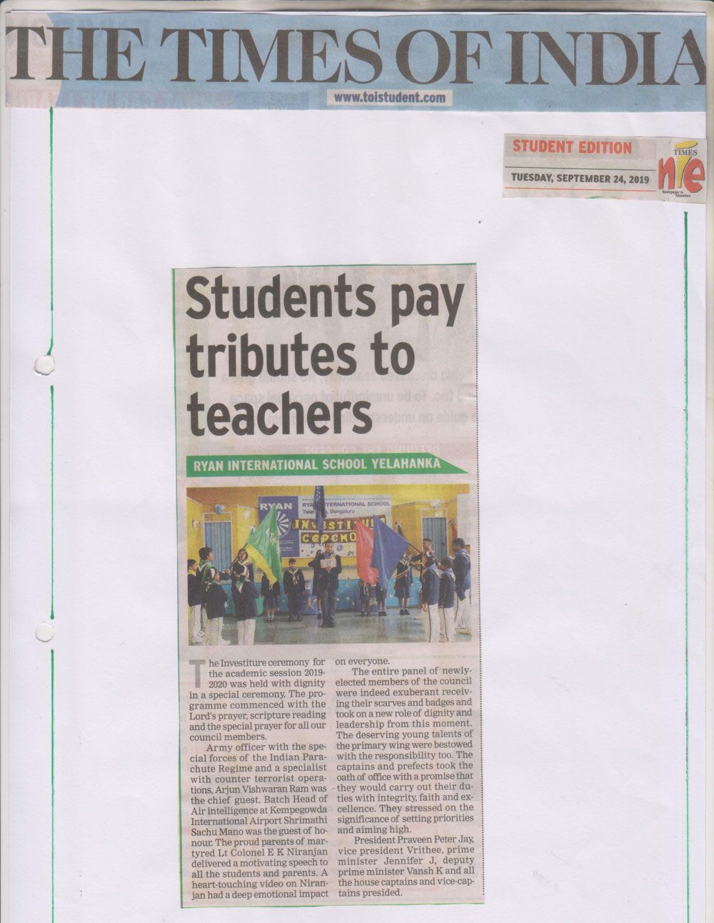 Students Pay Tribute toTeachers’ - The New Indian Express - Ryan International School, Yelahanka - Ryan Group