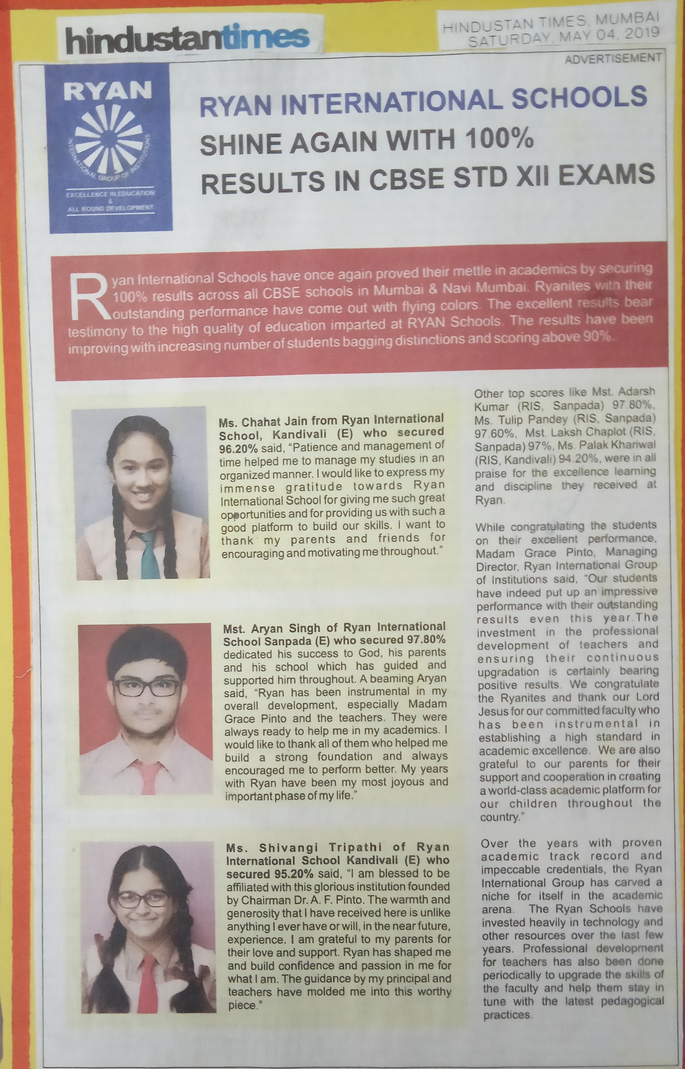 XII Board Results was featured in Hindustan Times - Ryan International School, Sanpada