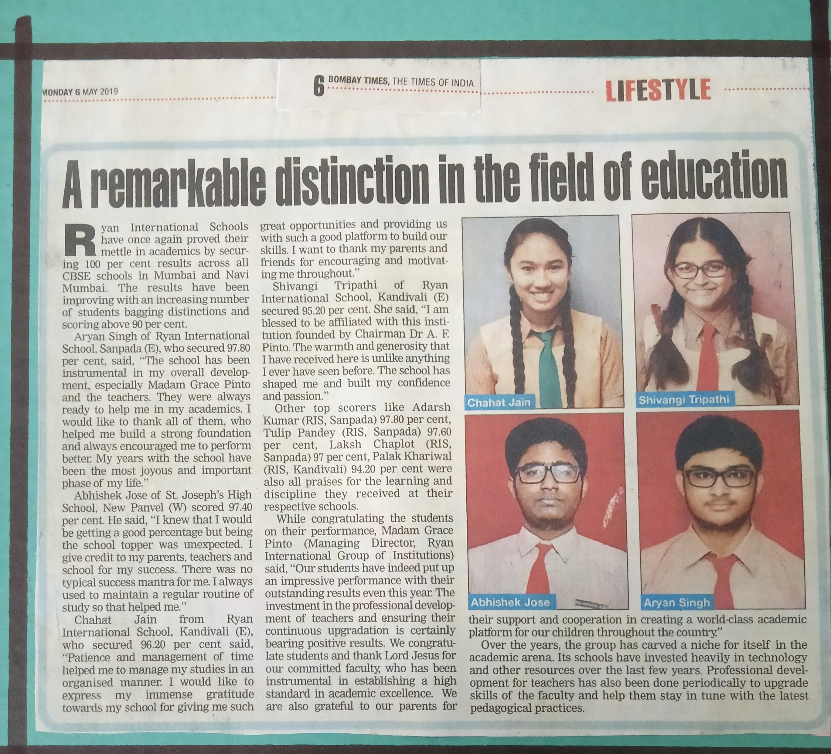 XII Board Results was featured in Bombay Times - Ryan International School, Sanpada