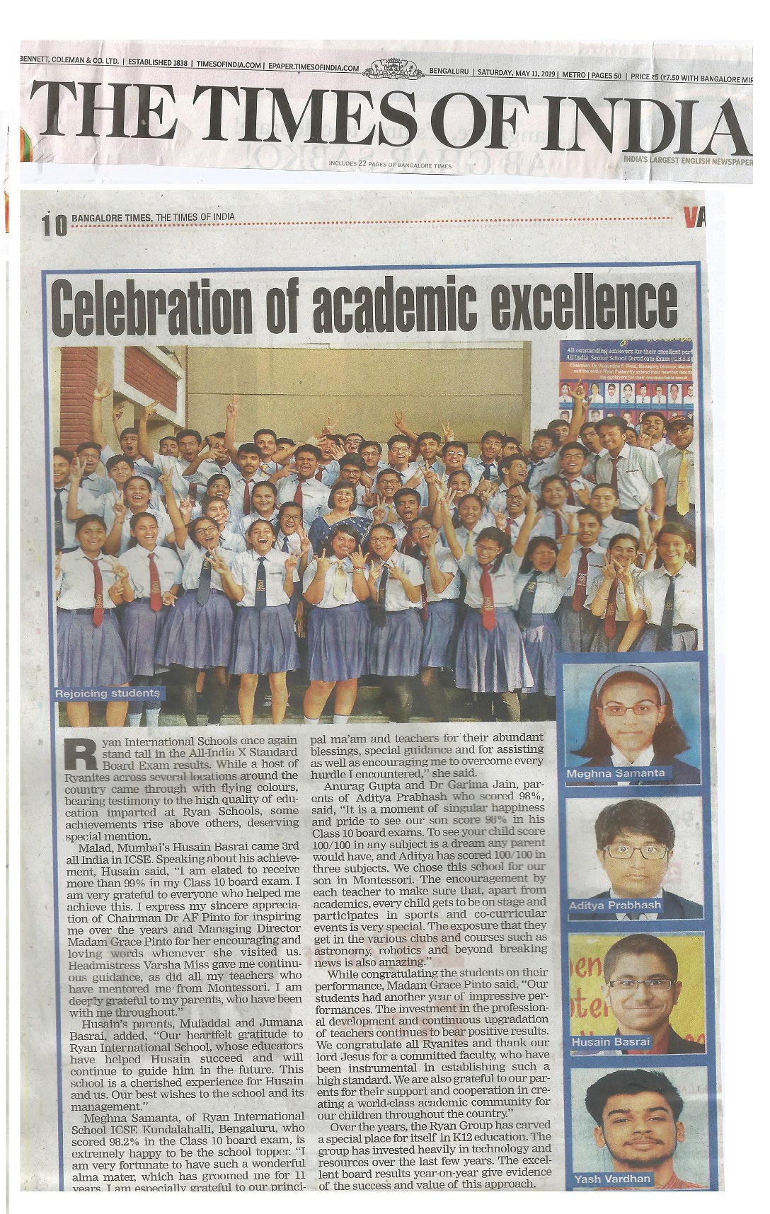 ICSE-ISC Result - Ryan International School Kundalahalli - Ryan Group