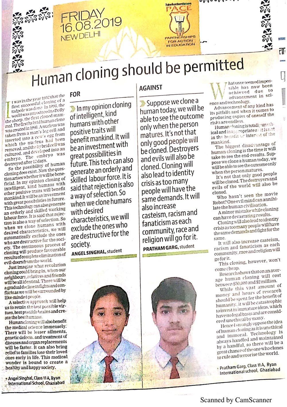 A debate: human cloning should be permitted - Ryan International School, Dasna