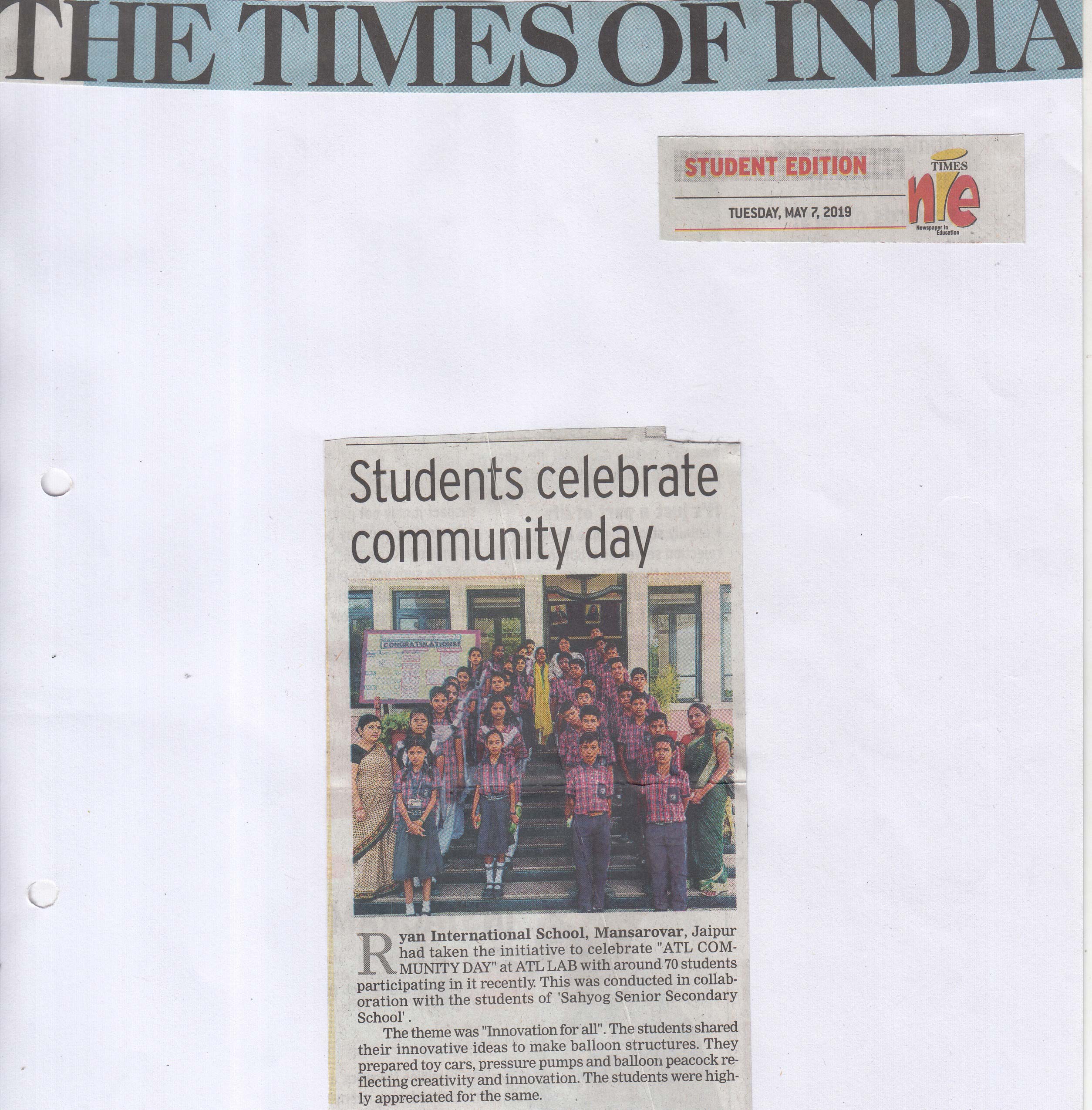 Students celebrate ATL community day Featured in Times of India