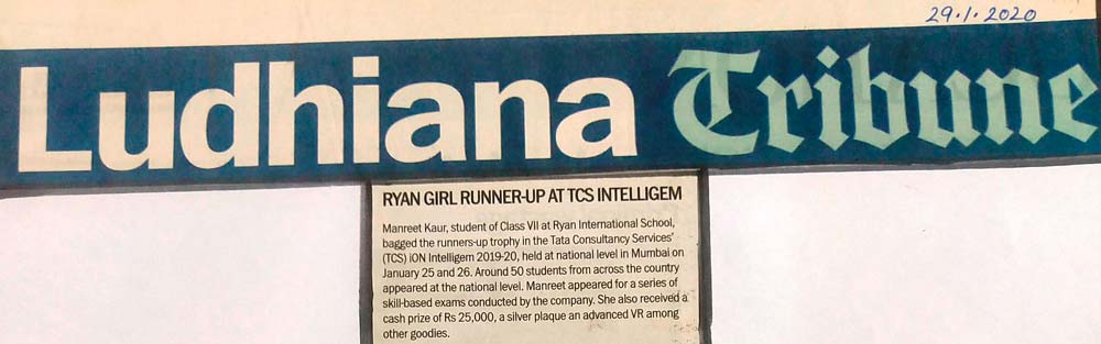 Manreet Kaur, Class-VII bagged runners- up trophy in TCS Intelligem - The Tribune (Ludhiana Tribune) - Ryan International School, Jamalpur - Ryan Group