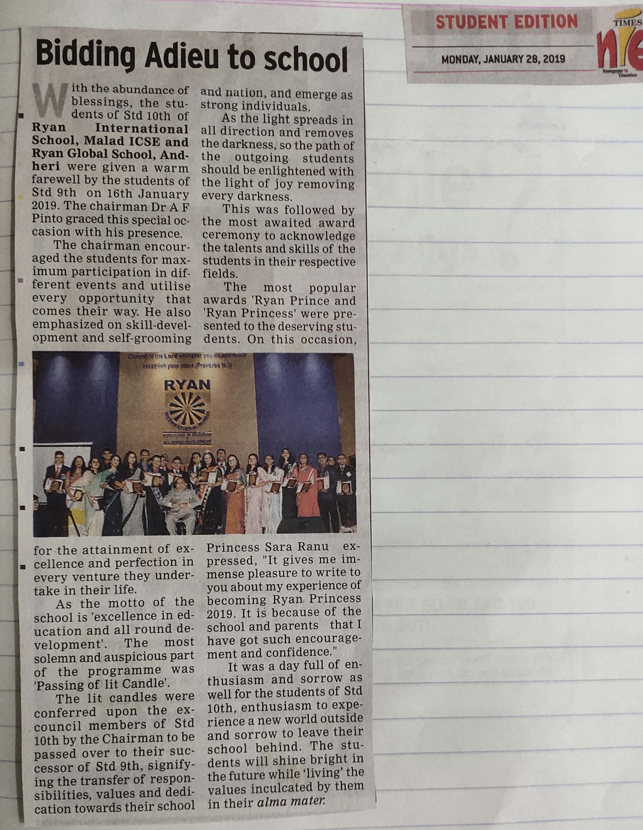 An article under the name “Adieu to School” was published in the Times of India