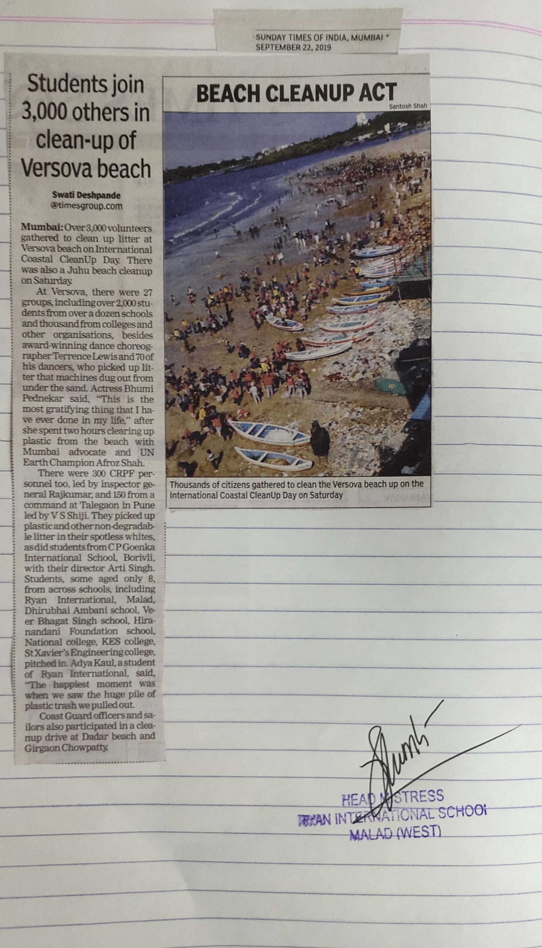 An article under the name “Beach Clean up” was published in the Times of India