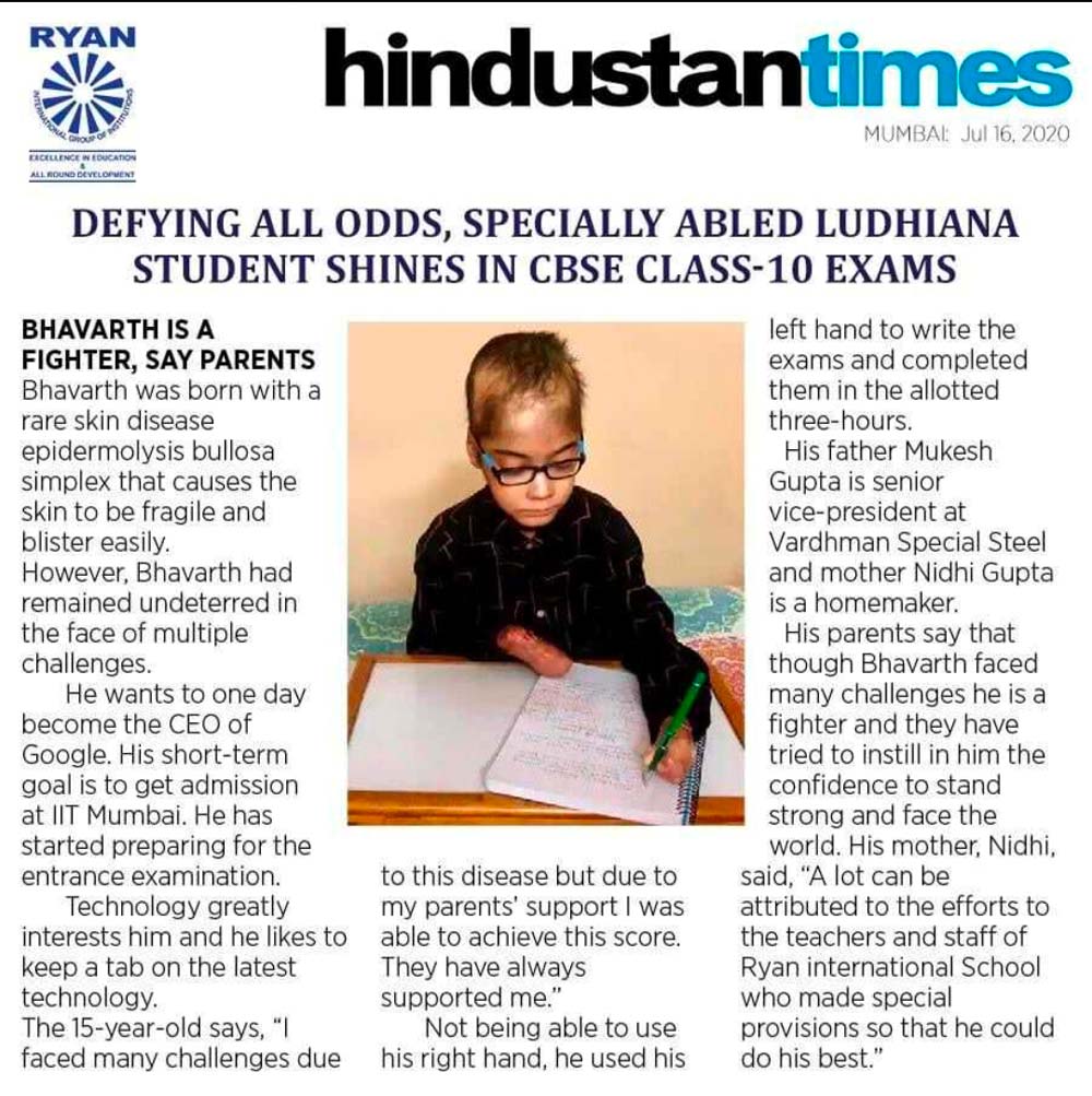 Defying all odds : Bhavarth Gupta -  Hindustan Times (HT Ludhiana) - Ryan International School, Jamalpur - Ryan Group