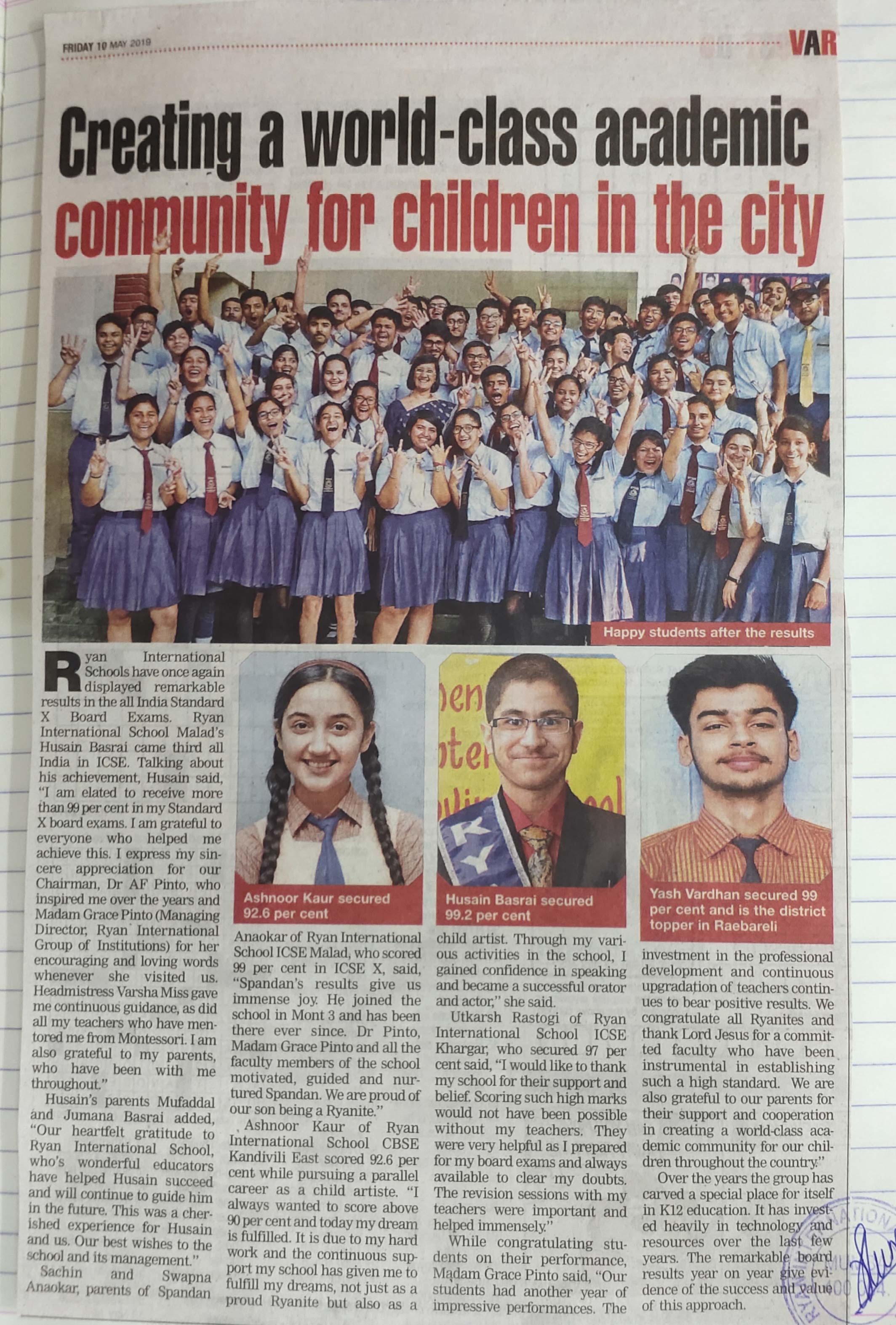 An article under the name “Hussain Basrai - ICSE Result 2019 - AIR no. 3” was published in the Times of India