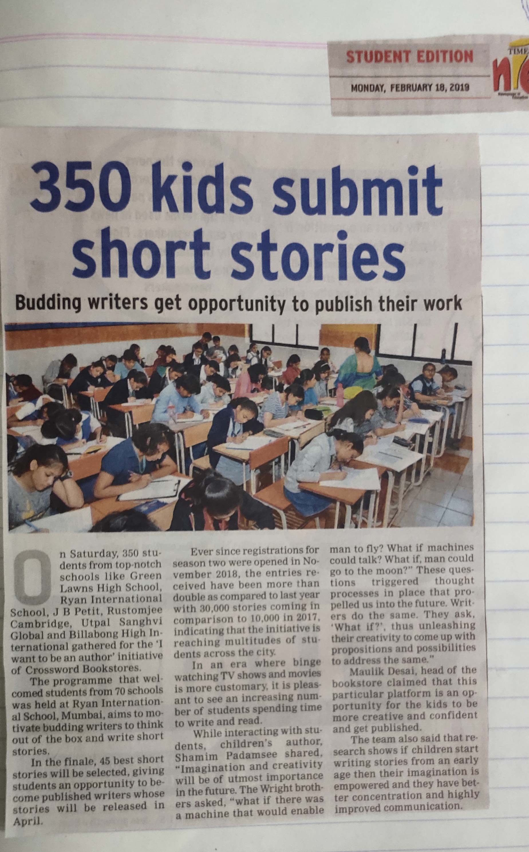 An article under the name “I want to be an author” was published in the Times of India