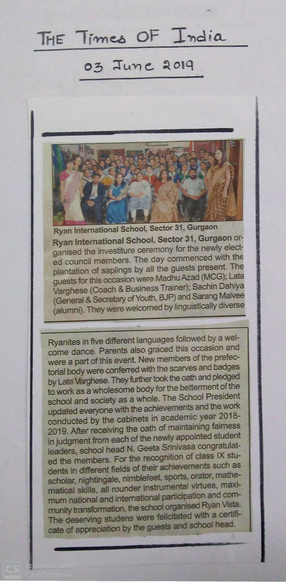 Organised the investiture ceremony for all the newly elected council members - Ryan International School, Sec 31 Gurgaon