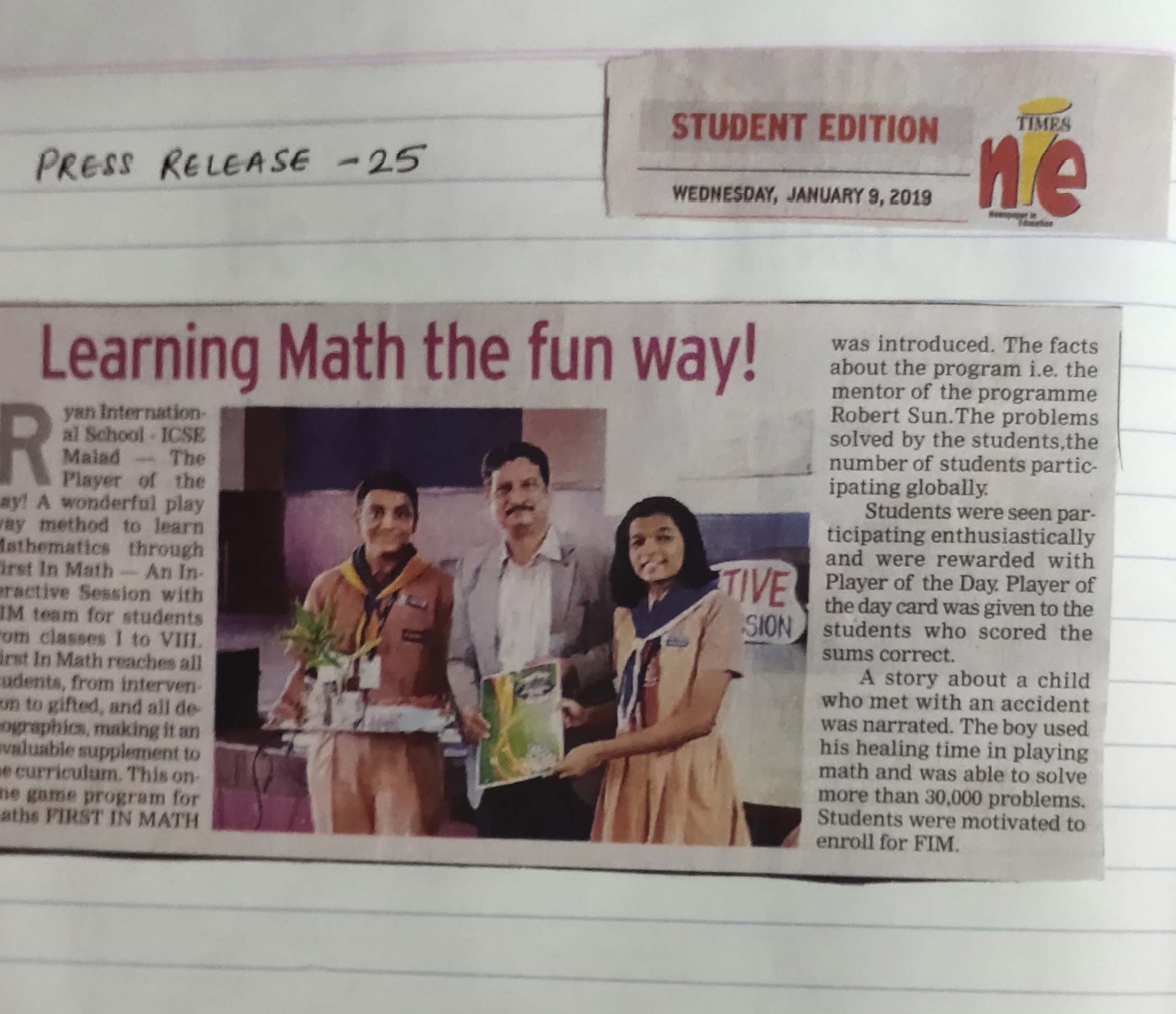 An article under the name “Learning Math” was published in the Times of India