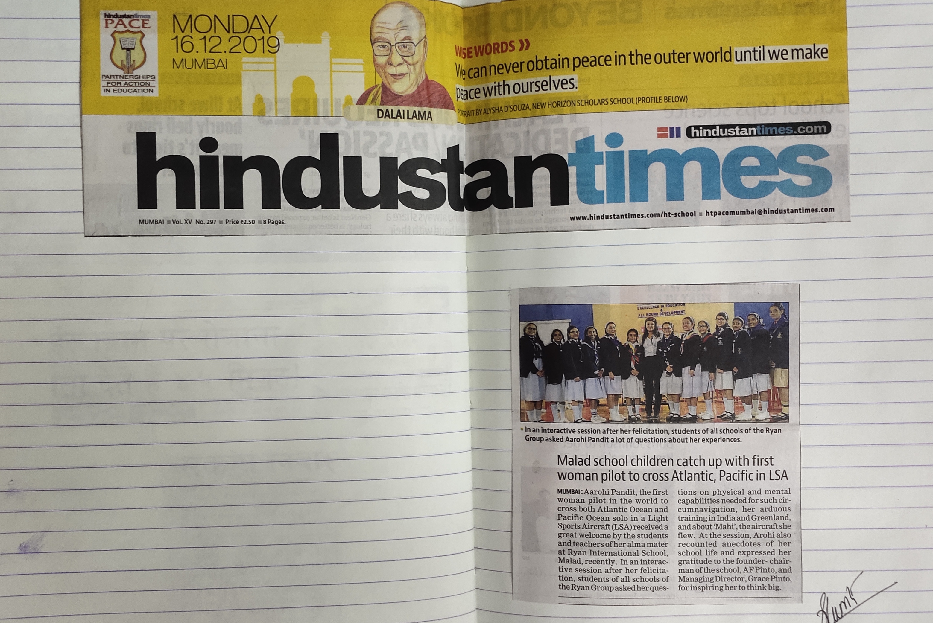 An article under the name “Interactive session with Ms. Arohi Pandit - First woman pilot” was published in the Hindustan Times