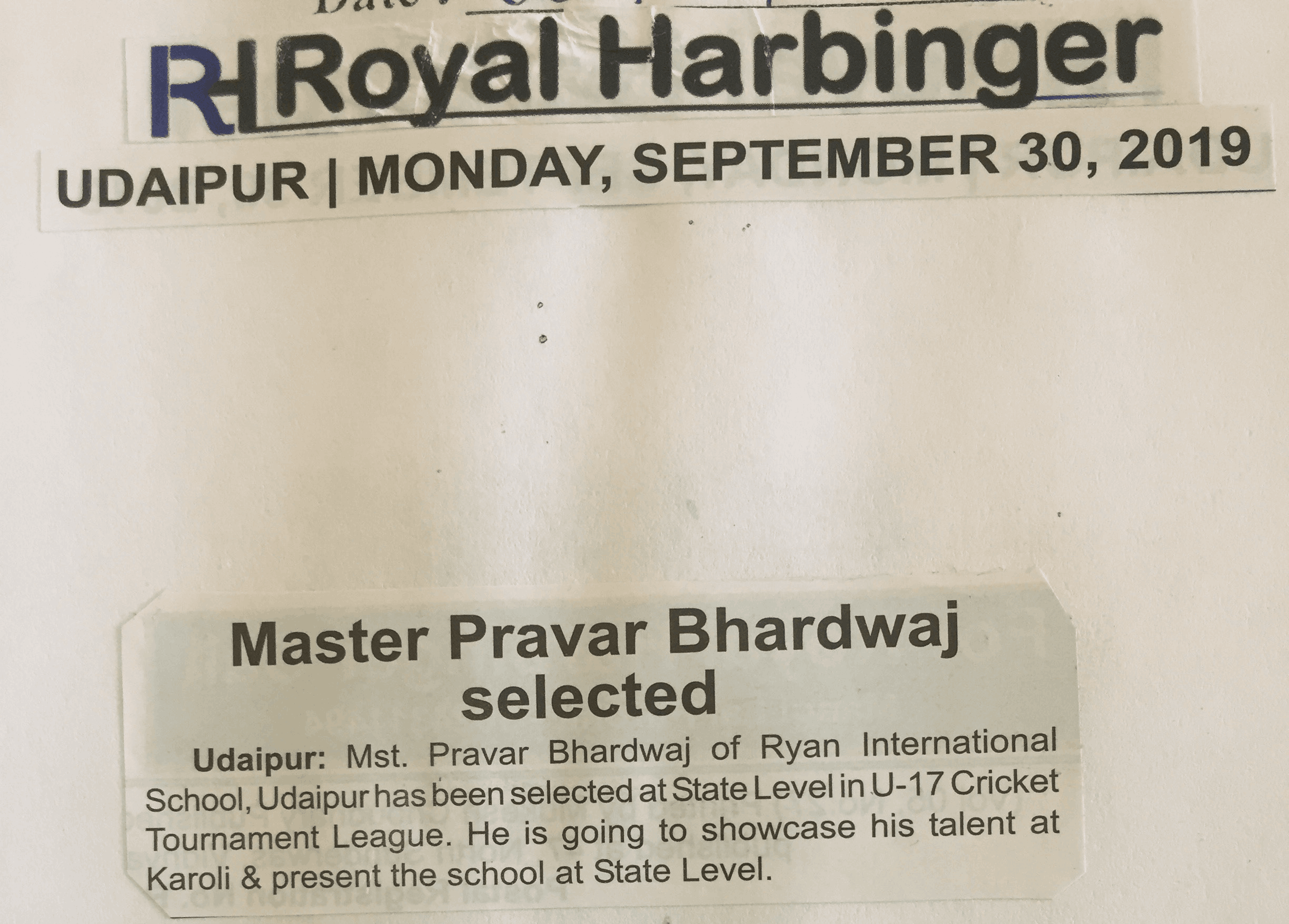 MST. PRAWAR BHARDWAJ STATE LEVEL CRICKET SELECTION - Ryan international School, Udaipur