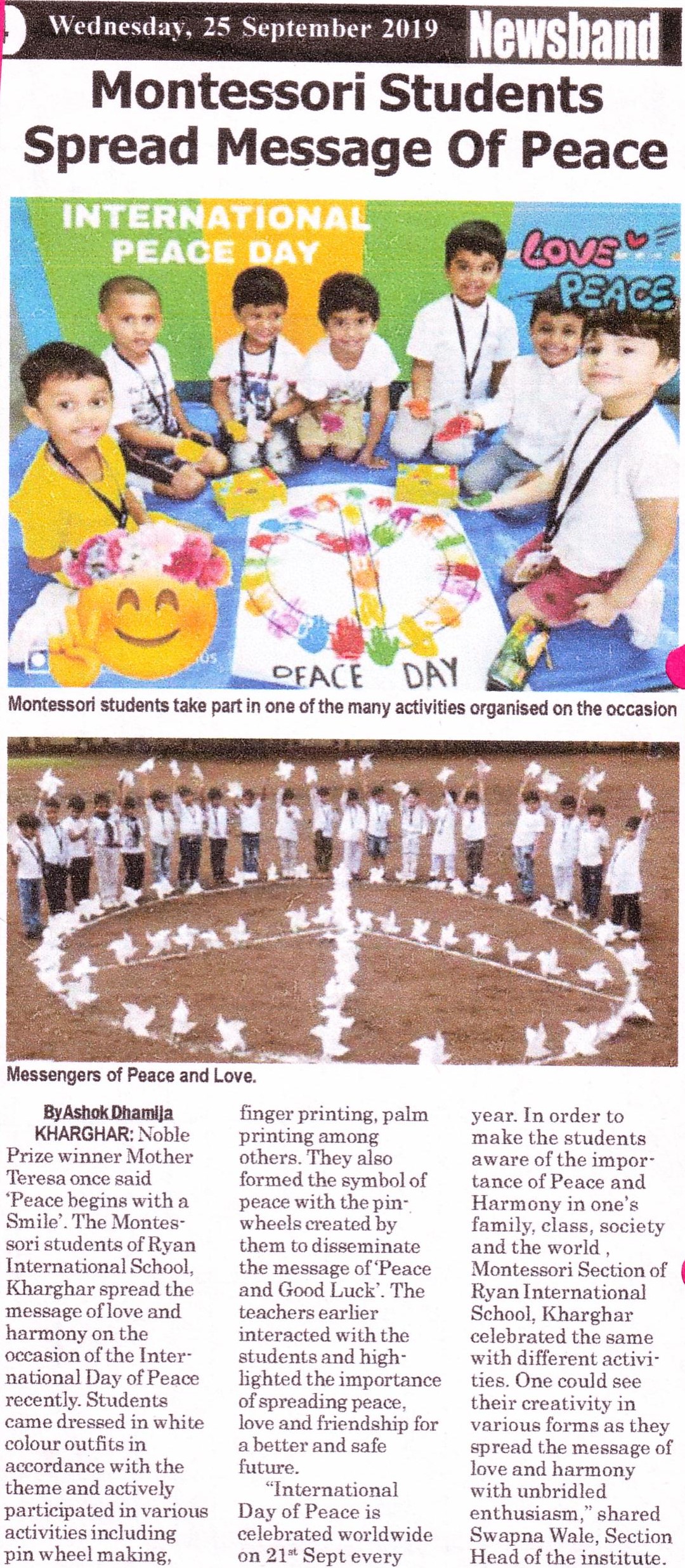 Montessori students spread message of peace was mentioned in Newsband - Ryan International School, Kharghar - Ryan Group