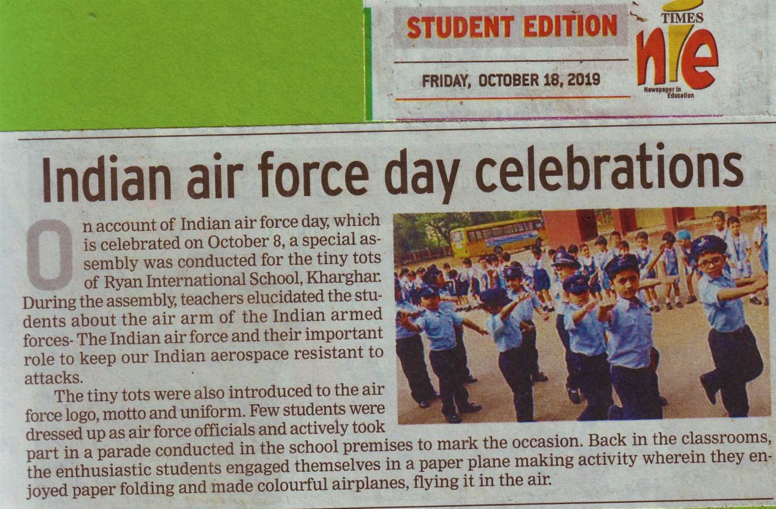 Indian air force day celebrations was mentioned in Times NIE - Ryan International School, Kharghar