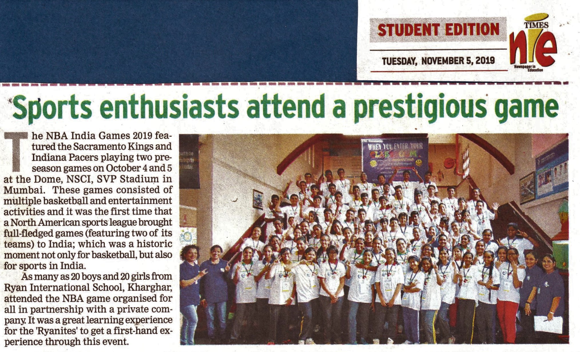 Sports enthusiasts attend a prestigious game was Times NIE - Ryan International School, Kharghar