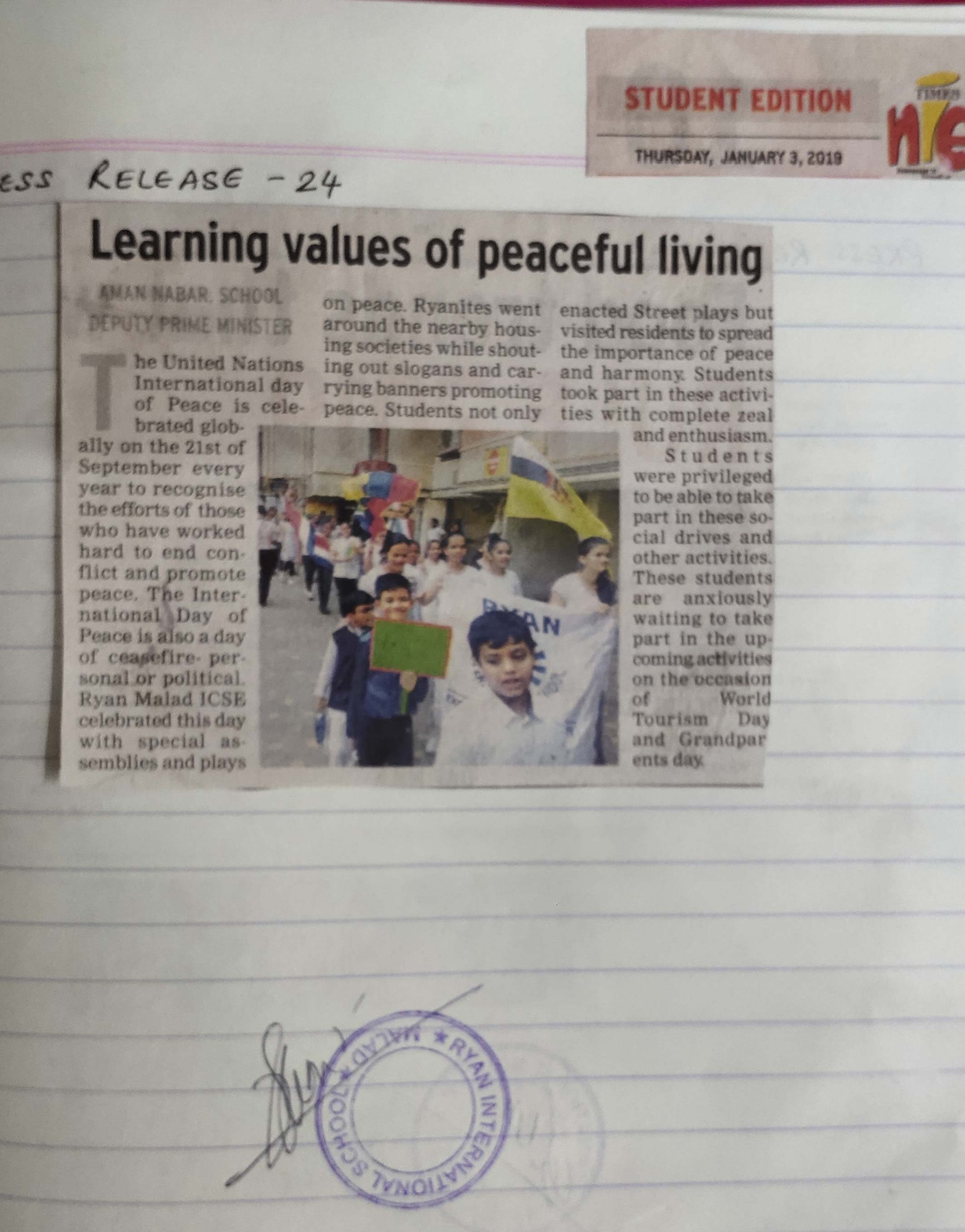 A student article was published in the Times of India