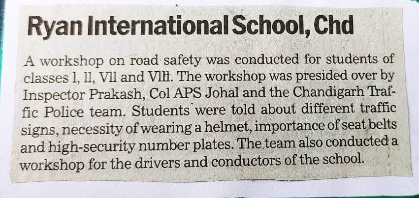 Workshop Road Safety was featured in The Tribune - Ryan International School, Chandigarh