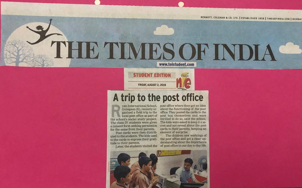 Ryan International School, Goregaon East’s field trip to post office was featured in Times of India - Ryan International School, Goregaon East