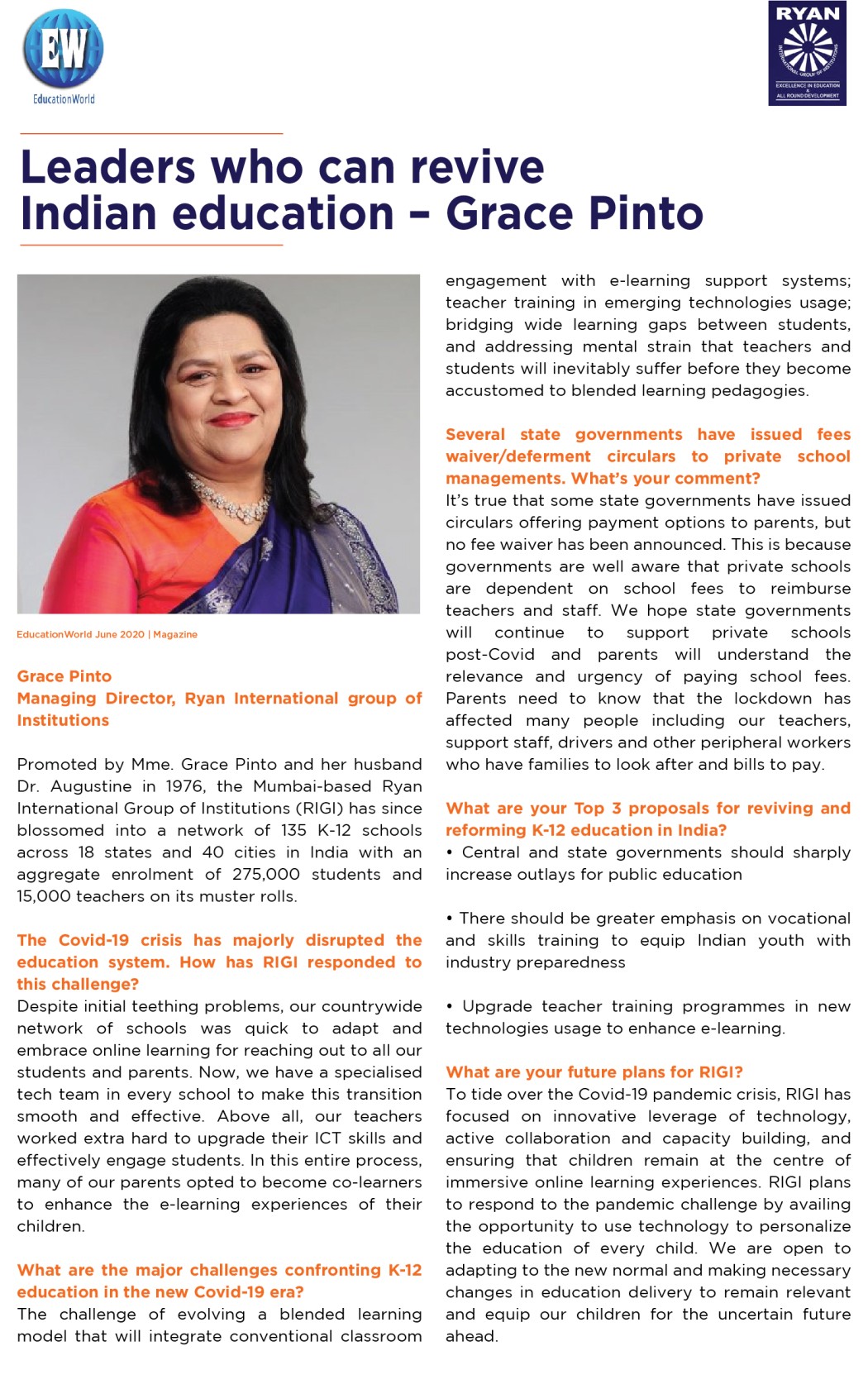 Leaders who can revive Indian Education - Madam Grace Pinto - Ryan International School Greater Noida - Ryan Group