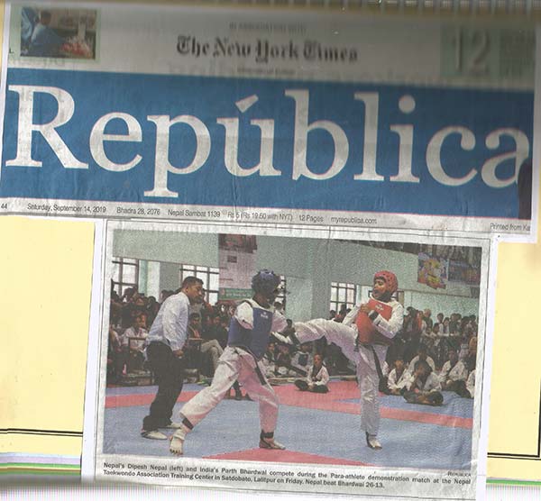 Nepal’s Dipesh and India’s Parth compete during the para-athlete demonstration match at the nepal taekwondo association training centre on friday - Ryan International School Greater Noida - Ryan Group